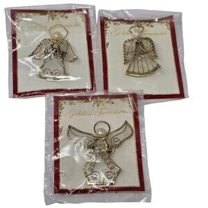 Angel Brooch Pin Set of Three Capiz Shell Goldtone Vintage Golden Treasures New